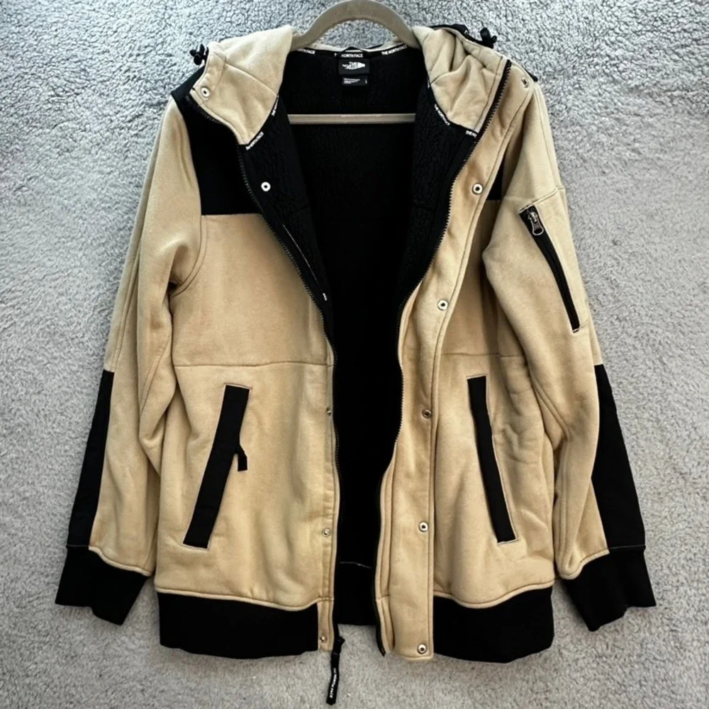 The North Face Men's Large Fleece Hooded Jacket Tan Black Colorblock Full Zip